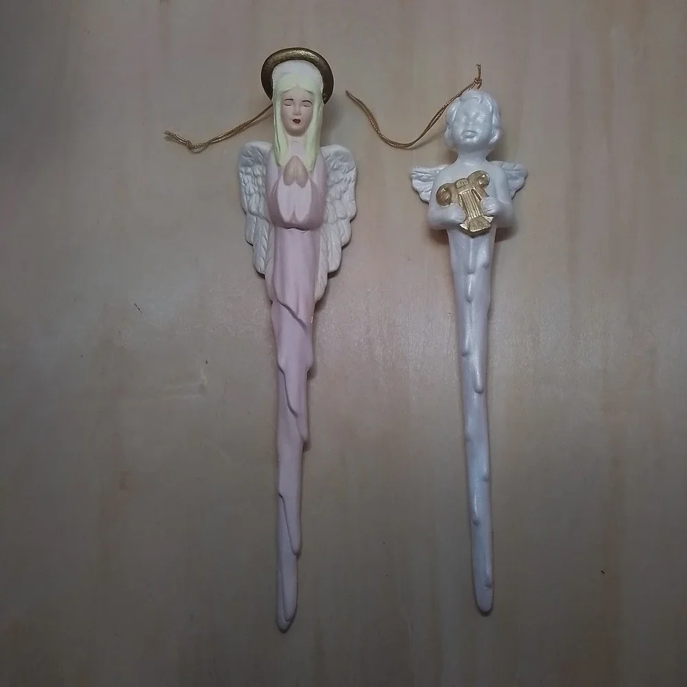 Set of 2 Vintage Angel Icicle Christmas Ornaments‎ Cherub Harp Halo